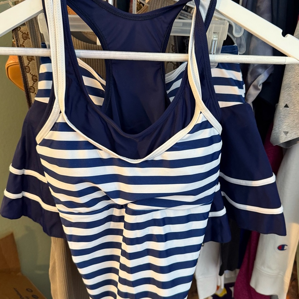 Navy and White Striped Swimsuit tank skirt new small medium fit